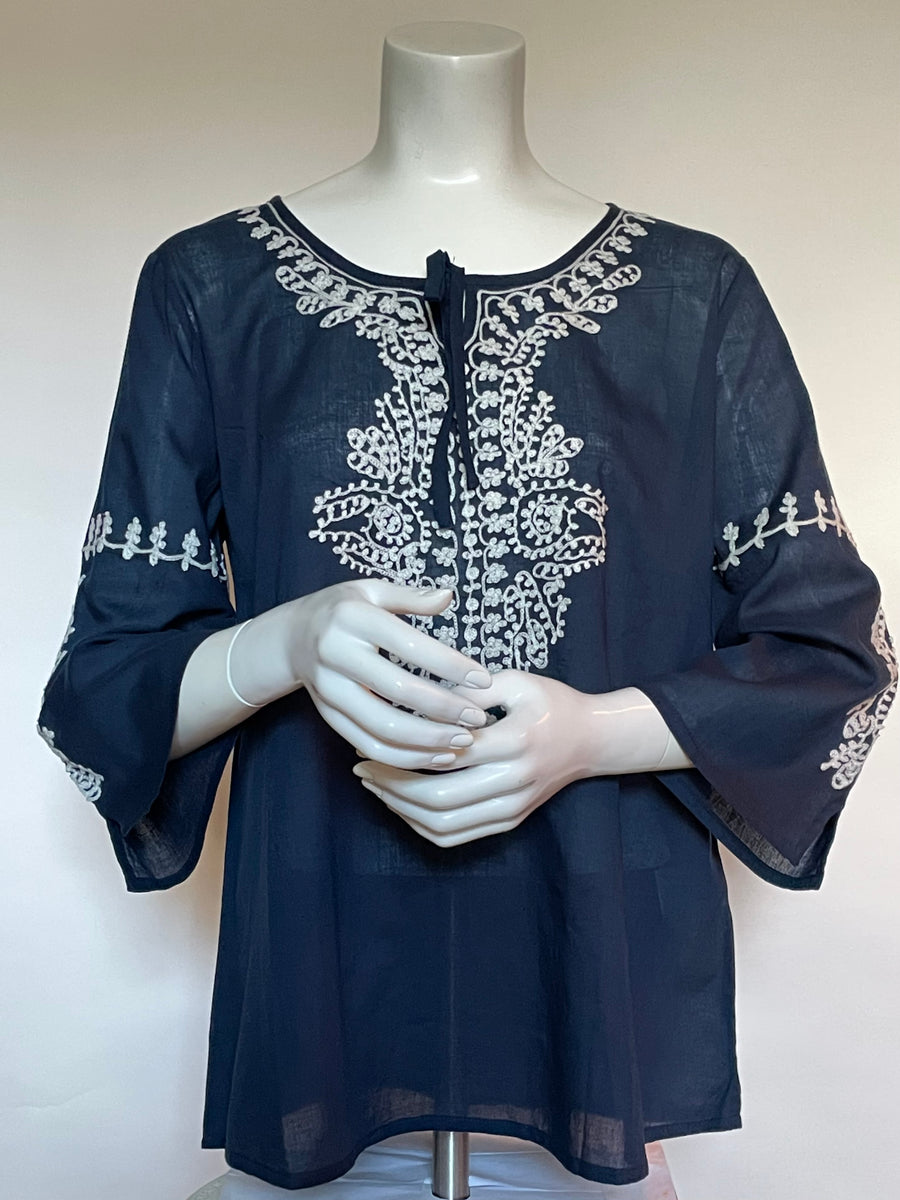 Classic Peasant Blouse in Navy Cotton with Off white Embroidery