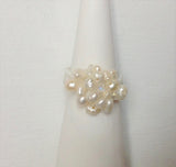 Locally hand made pearl ring. Cluster of White High Luster Fresh Water  Pearls and Two Small Swarovski Crystals / Band made of Crystal Colour Czech Seed Beads / Strong and flexible Nylon Thread / Size 8. at Eclection Ottawa.