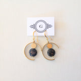 Dark Blue/Brown Coin Shape Jasper with Coin Brass in Brass Arc Shape and Gold Plated Hooks Earrings. Original, one of a kind handmade in Ottawa dangle earrings.