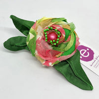 Eclection Summer Print Chiffon Rose with Green Dupioni Silk Leaves Pin/Clip