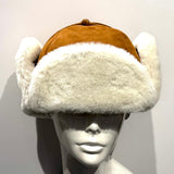 Sheared Comfort Sheepskin Mountie Hat in Tan and Natural White