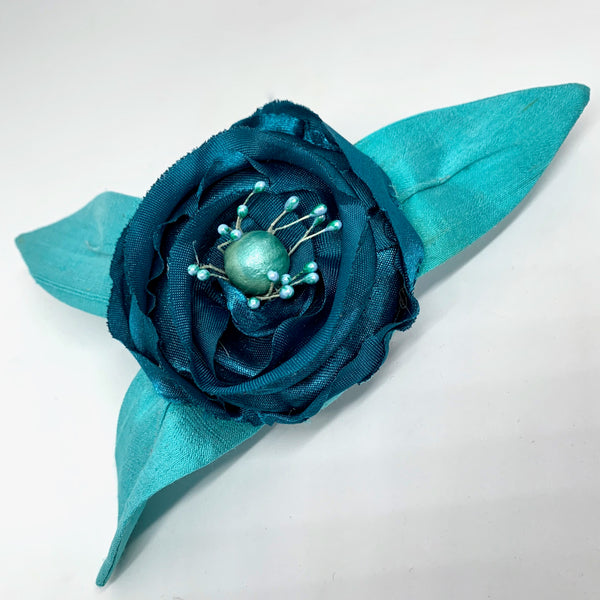 Eclection Aegean Blue Rose with Sky Blue Dupioni Silk Leaves Large Pin/Clip