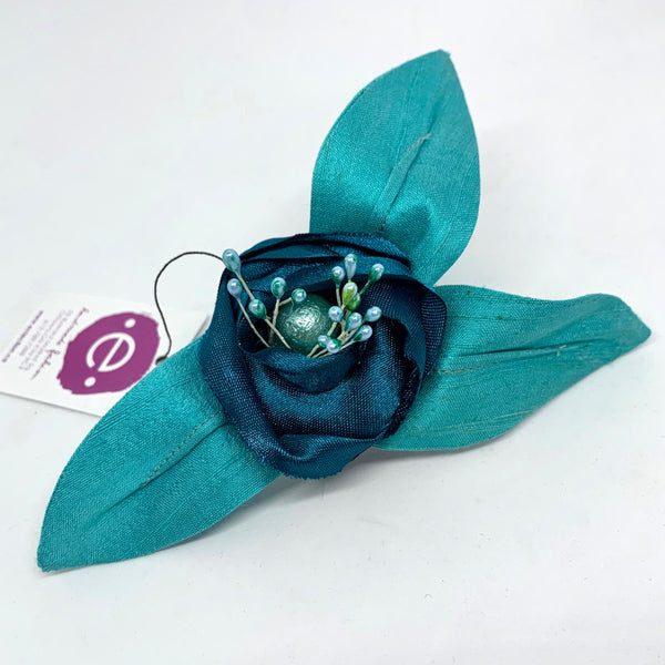 Eclection Aegean Blue Rose with Sky Blue Dupioni Silk Leaves Pin/Clip