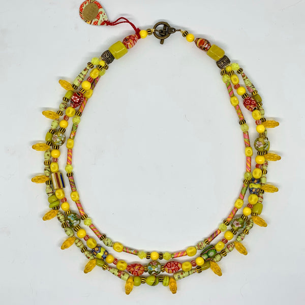 Cirque Three Strand Necklace Yellow Rainbow and Oxidized Brass