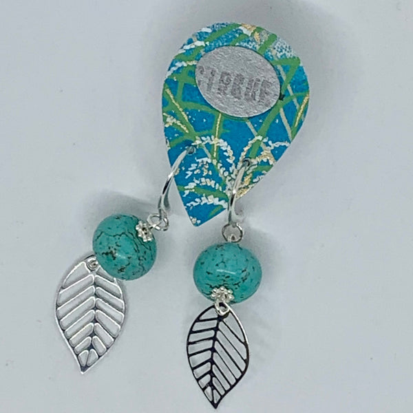 Cirque Earrings Long Leaf Drop Turquoise Tinted Howlite and Silver