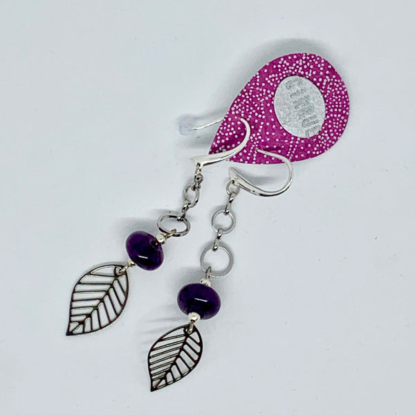 Cirque Earrings Long Leaf Drop Power Purple and Silver