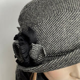 Cloche Hat in Grey and Black Wool/Cashmere Blend with Flower Trim in same fabric mix with black wool blend fabric.