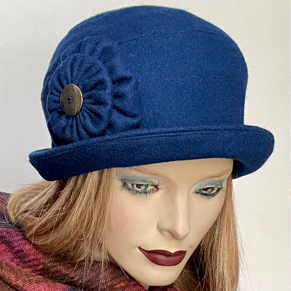 Fanfreluche Royal Blue Wool Cloche Hat with Double Cockade and Vintage Button