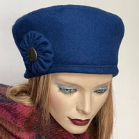 Fanfreluche Royal Blue Wool Rideau Beret with Cockade with Vintage Button