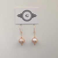 Gaby Gold and Pearl Dangle Earrings -10mm, almost round, Pink Edison High Luster Fresh Water Pearl / 14K PINK Gold Filled Findings and Fancy Hooks / 1"