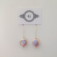 Gaby Gold and Pearl Dangle Earrings - 12mm Light Purple High Gloss Coin Shape Fresh Water Pearl / 14K Gold Filled Fancy Hooks / 1"