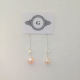 Silver and Pearl Dangle Earrings -Peach Tone Baroque Fresh Water Pearl / Swarovski Crystal Flower / Sterling Silver Fancy Hooks / 1.5"