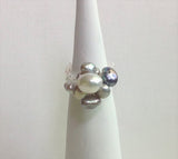 Locally hand made Pearl Ring- Cluster of Grey Tones High Luster Fresh Water Pearls / Band made of Crystal Colour Czech Seed Beads /Strong and flexible  Nylon Thread / Size 8. At Eclection Ottawa.