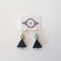 Black Triangle Stone with Small Shell Coins and Gold Plated Hooks Earrings. Original, one of a kind handmade in Ottawa earrings