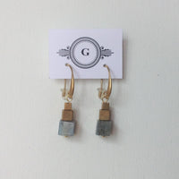 2 Brass Cubes Stacked with Speckled Grey Labradorite Cube / Brass Hooks Earrings. Original earrings handmade in Canada.