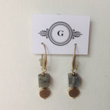  Light Grey Labradorite Cube with Brass Coin Bead / Brass Hooks Earrings. Original earrings handmade in Canada.