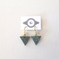 Green Italian Marble Triangle with Small Semi-Circle Brass and Gold Plated Hooks Earrings. Original one of a kind handmade in Ottawa earrings.