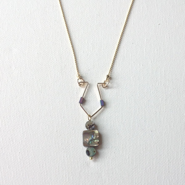 Gaby Geometric Brass Necklace and Abalone Stone