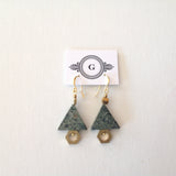 Triangle Green Marble with Hexagon Brass with Gold Plated Hooks Earrings. Original, one of a kind handmade in Ottawa earrings.
