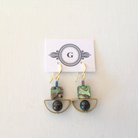 Abalone Squares with Bronze Malachite Beads in Semi-Circle Brass Frame with Gold Plated Hooks Earrings. Original one of a kind earrings made in Ottawa