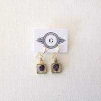 Dark Wine Lepidolite Beads in Square Frame with Tiny Brass Square Beads and Gold Plated Hooks Earrings. Original and handmade in Ottawa