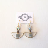  Labradorite Cubes in Semi-Circle Brass Frame and Small Shell Coins in Brass Circle with Gold Plated Hooks Earrings. Original on of a kind earrings made in Ottawa.