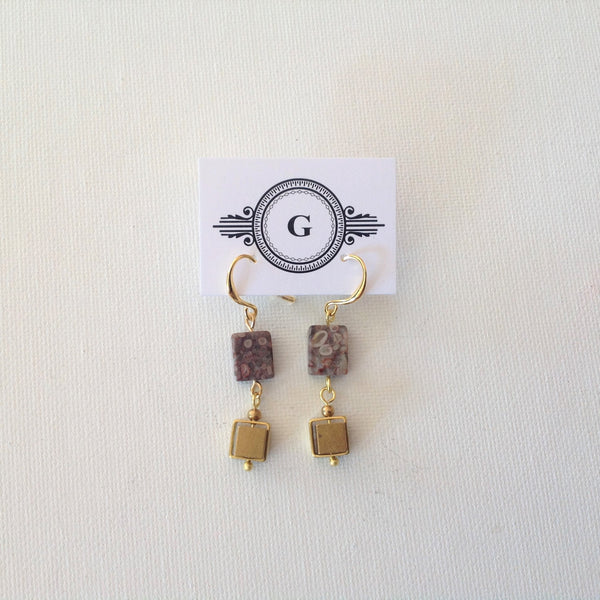 Ocean Fossil Jasper Rectangles with Brass Cubes Dangle and Gold Plated Hooks Earrings. original and handmade in Ottawa dangle earrings