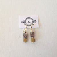 Ocean Fossil Jasper Rectangles with Brass Cubes and Gold Plated Hooks Earrings. Original and handmade in Ottawa Earrings
