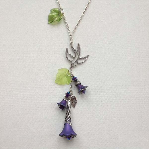 Gaby Lucite Flowers Necklace in Dark Purples and Lime with Silver