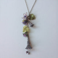 Gaby Lucite Flowers Necklace in Frosted Lavender Tones and Olive Greens with silver