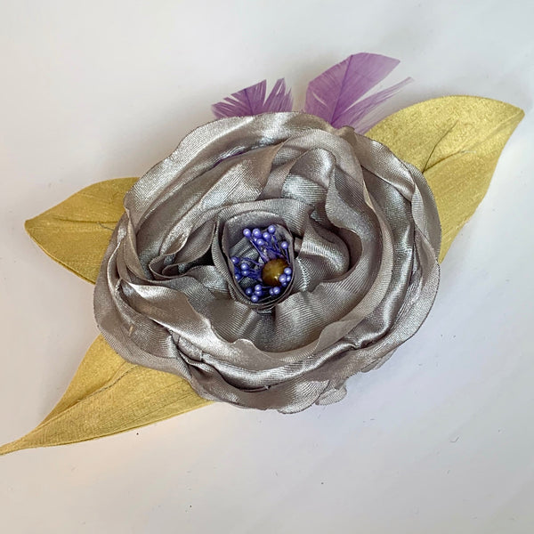 Eclection Grey Rose with Banana Dupioni Silk Leaves and Purple Feathers Large Pin/Clip