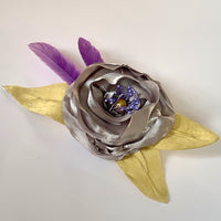 Eclection Grey Rose with Banana Dupioni Silk Leaves and Purple Feathers Pin/Clip