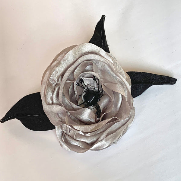 Eclection Grey Rose with Black Dupioni Silk Leaves Large Pin/Clip