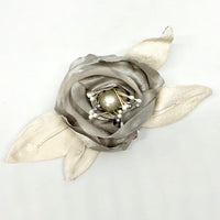 Eclection Grey Rose with Off-White Dupioni Silk Leaves Pin/Clip