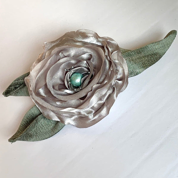 Eclection Grey Rose with Sage Dupioni Silk Leaves Large Pin/Clip