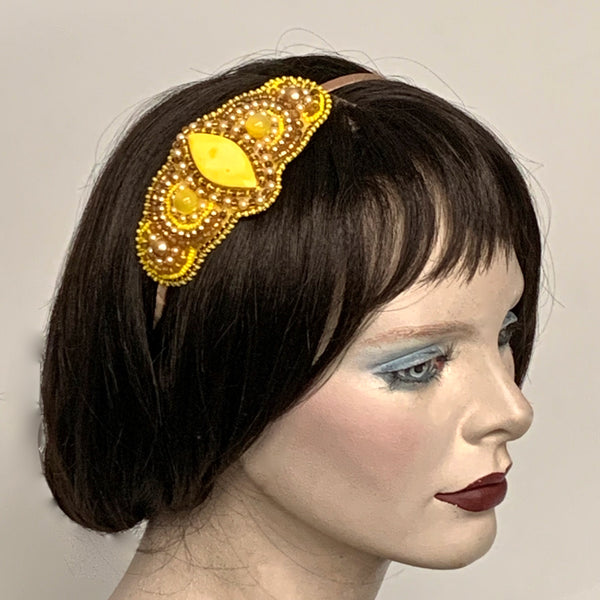 Kunda Art Beaded Headband Yellow with Mother of Pearl
