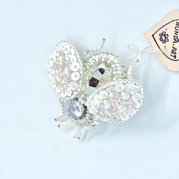 Kunda Art Beaded Pin White Bug with Crystals and Pearls