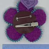 Kunda Art Flower Pin/Clip Purple Wool with Turquoise Zipper