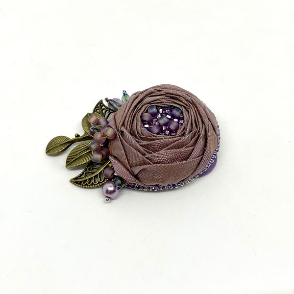 Kunda Art Mauve and Bronze Cupped Rose Pin Clip
