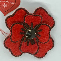 Kunda Art Poppy Brooch Beaded Red Wool