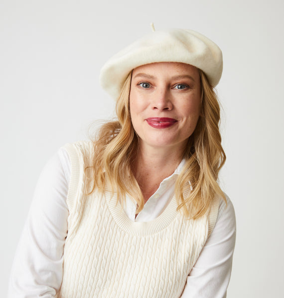 The Basque Beret has the most classic shape and is made of 100% felted wool and finished with rolled edging. Winter Ivory