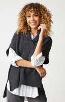 This oversized shawl collar poncho is simple, flattering and stylish and is the perfect anytime piece.  Layer with a shirt, turtleneck, or light jacket for either outerwear chic or indoor coziness. The Basset's oversize, fuss-free lines pair well with jeans or leggings, and short boots or sneakers. Add to that, a supple yet substantial weight and drape, with a classic cable pattern, and a front kangaroo pocket and you've got your next go to piece. 