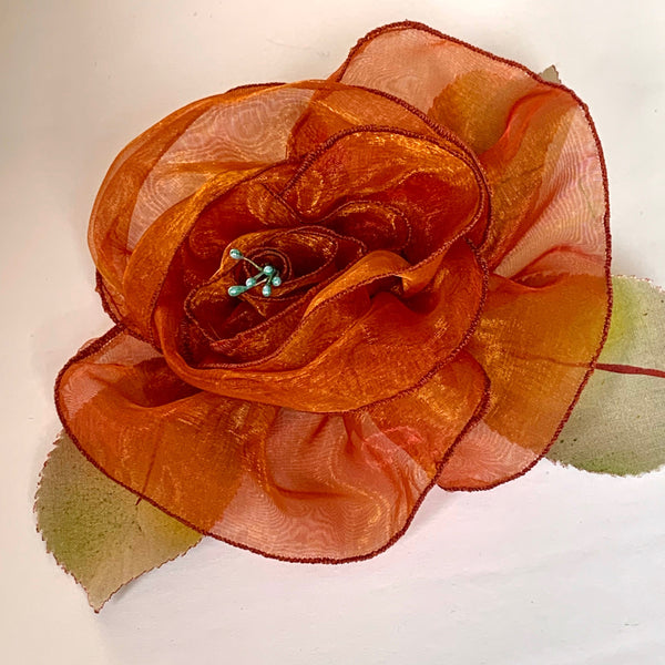 Eclection Pumpkin Organza and Vintage Sage Leaves Rose Pin Clip