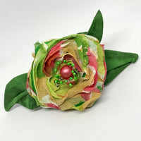 Eclection Summer Print Chiffon Rose with Green Dupioni Silk Leaves Large Pin/Clip