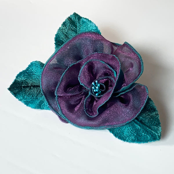 Eclection Teal Velvet and Purple Organza Rose Pin Clip