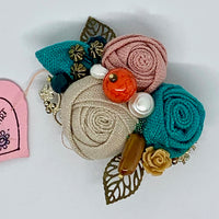 Kunda Art Turquoise, Rose and Beige Fabric Roses Pin
