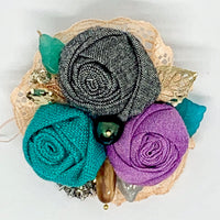 Kunda Art Fabric Roses in Grey, Turquoise and Orchid Purple Pin/Clip