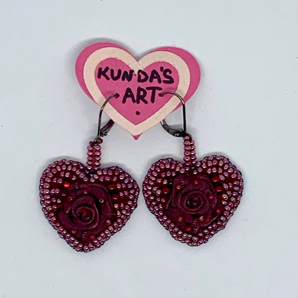 Kunda Art Embroidered Earrings Burgundy Beads and Roses Hearts