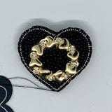 Kunda Art Beaded Pin Black with Gold and Rhinestone Wreath Heart