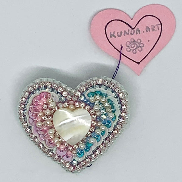 Kunda Art Beaded Pin Pink and Blue Sequins Mother of Pearl and Rhinestones Heart